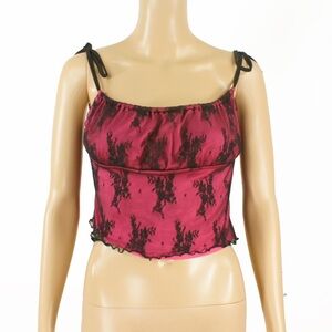 Vintage Y2K 2000s Black Sheer Floral Lace Layered Hot Pink Tank Top